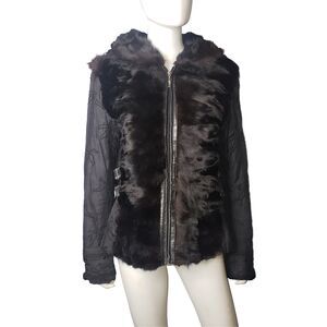 Hexeline Black Lace Mink Fur and Leather Jacket Coat Womens Size Large